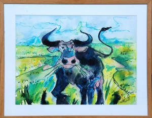 Bernhard Lipsøe, Bull, Watercolor Painting, Framed