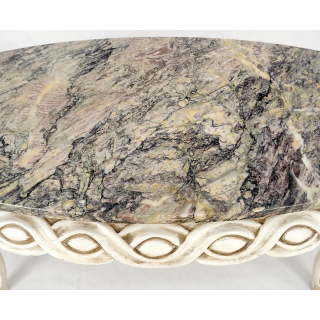 Wood Braided Bezel Oval Marble Top White Pickle Finish French Provincial Coffee Table For Sale - Image 7 of 9