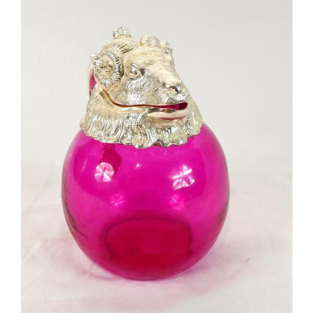 Pink Glass Rams Head Claret Jug Decanter with Silver Plated Mounts For Sale - Image 5 of 5