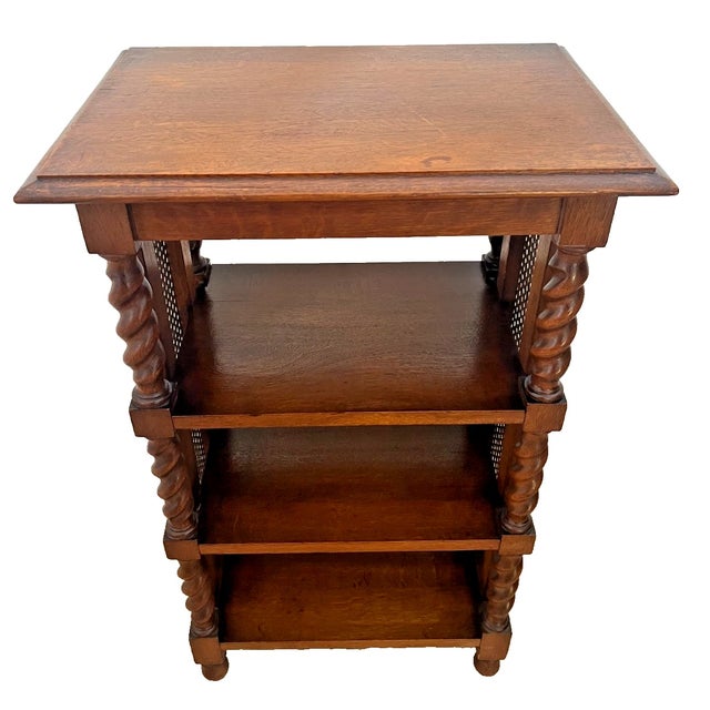 1920s Antique Bookcase French Jacobean Revival Oak 4-Tier Etagere Barley Twist, Cane For Sale - Image 5 of 13