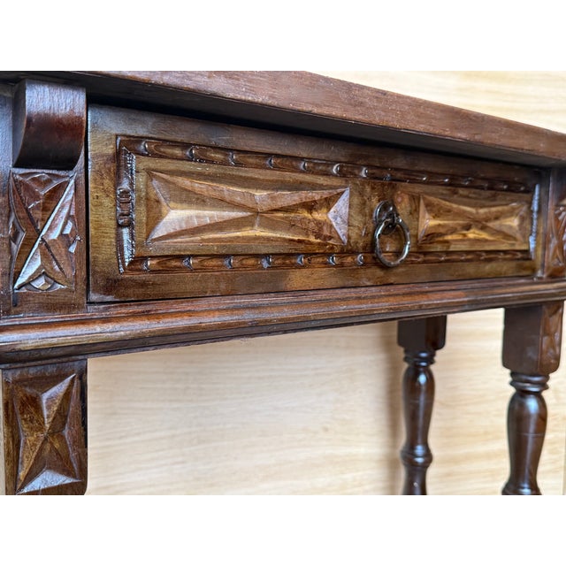Brown Early 20th Narrow Catalan Spanish Carved Walnut Console Table With Drawer For Sale - Image 8 of 8