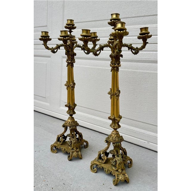 Exceptional Pair of French Restoration Period Gilt Bronze 5-Light Candelabras France, Circa 1830 For Sale - Image 9 of 18