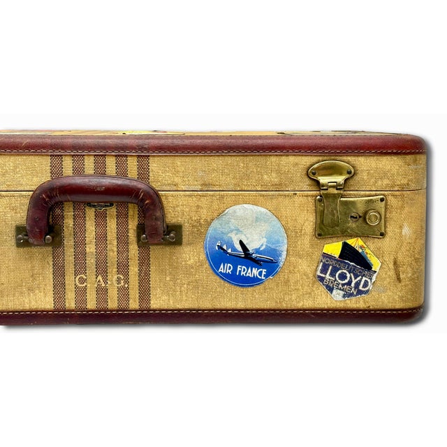Vintage 1940s Travel Size Tweed Suitcase With Nice Assortment of World Grand Tour Locations Paper Labels For Sale - Image 11 of 18