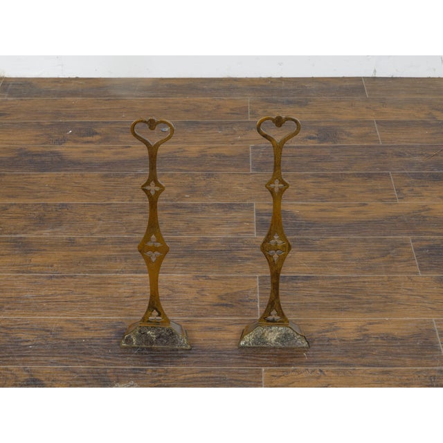 Metal 19th-Century English Bronze Andirons with Gothic Details and Heart Finials For Sale - Image 7 of 12