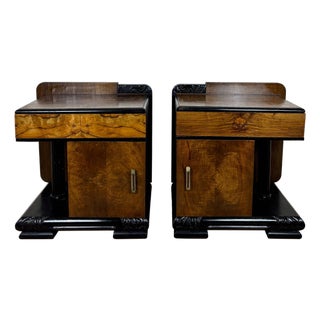 1950s Pair of Art Deco Nightstands with Columns, Ebonized Wood and Figured Veneer For Sale