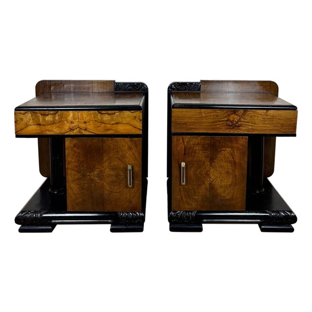 1950s Pair of Art Deco Nightstands with Columns, Ebonized Wood and Figured Veneer For Sale