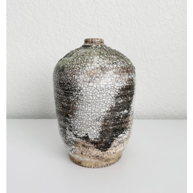 1970s 1970s Raku Crackle Glaze Vase With Green Drip Glaze For Sale - Image 5 of 10