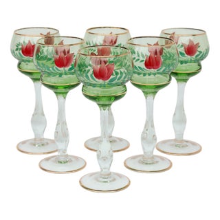 Vintage Italian Wine Glasses with Floral Decoration, 1960s, Set of 6 For Sale