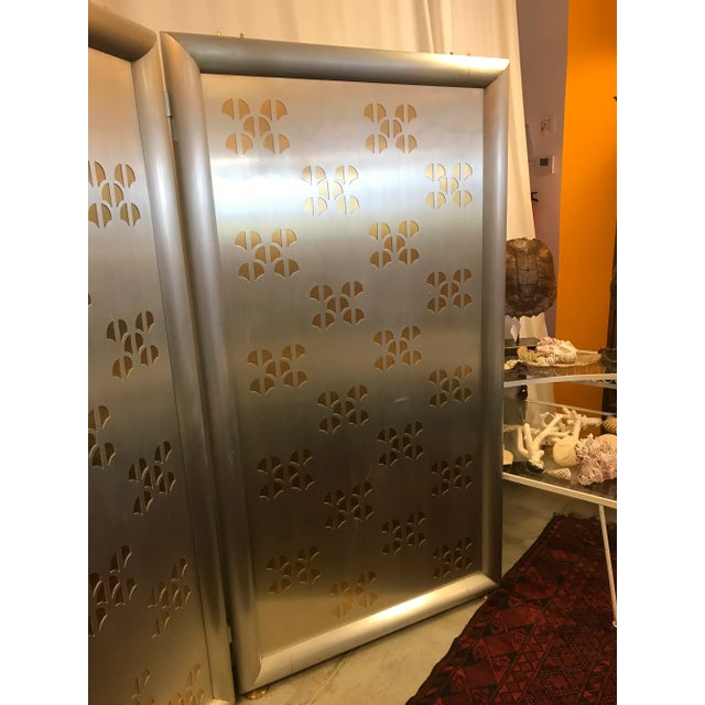 Late 20th Century Pierced-Cut Aluminum and Brass, 2 Panel Folding Sceen For Sale - Image 5 of 9