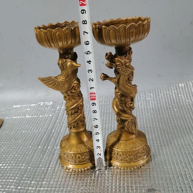Brass 1970s Brass Dragon & Phoenix Candle Holders, Pair of Lotus Top Candlesticks For Sale - Image 8 of 9