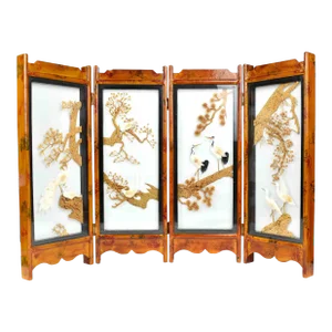 Mid 20th Century Small Chinese Cork Carving Art Diorama Table Top Folding Panels Screen