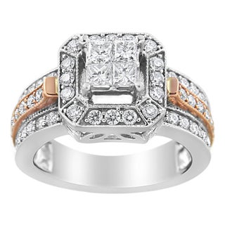 14K White and Rose Gold 1 1/8 Cttw Princess and Round-Cut Diamond Art Deco Style Triple Shank Halo Cocktail Ring (I-J Color, SI2-I1 Clarity) Size 4.5 For Sale