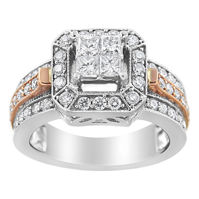 14K White and Rose Gold 1 1/8 Cttw Princess and Round-Cut Diamond Art Deco Style Triple Shank Halo Cocktail Ring (I-J Color, SI2-I1 Clarity) Size 4.5 For Sale