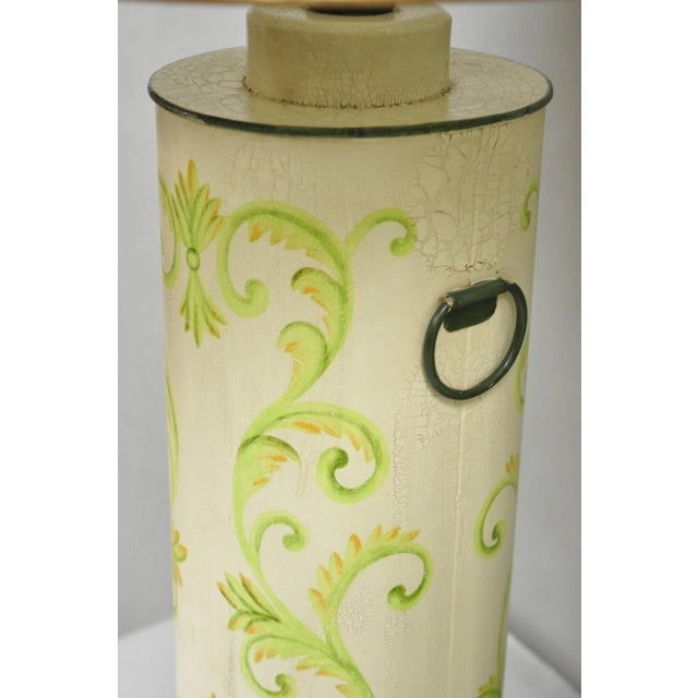 Late 20th Century French Country Cream & Green Distressed Tole Metal Cylinder Table Lamps - A Pair For Sale - Image 13 of 14