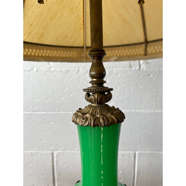 Early 20th Century Vintage Green Glass Table Lamp With Ornate Bronze Base & Marble Footed Stand For Sale - Image 5 of 9