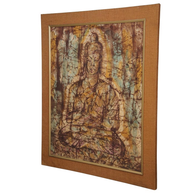Expressionism 1963 Sitting Buddha Painting on Silk Burlap, Framed, Fukazen & Co For Sale - Image 3 of 13