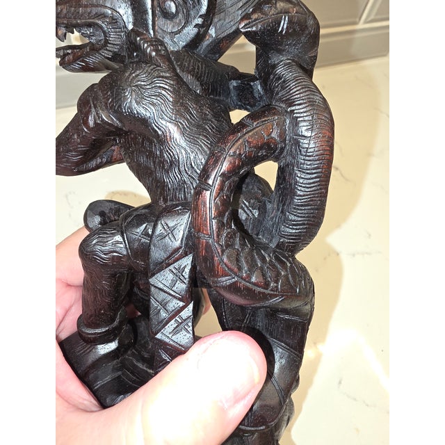 Oxblood Red Mid-Century Balinese Macassar Ebony Garuda and Naga Combat Sculpture (Mas, Bali) For Sale - Image 8 of 12