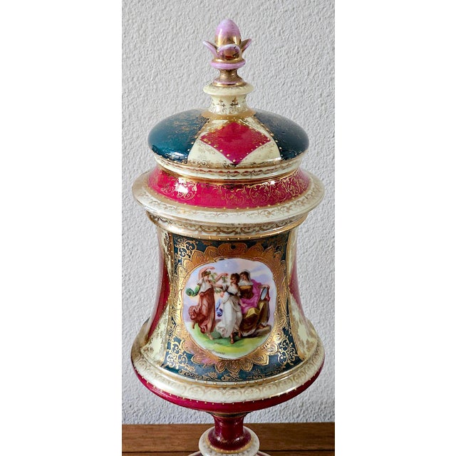 Pair of Antique Austrian Porcelain Urns, Hand-Painted Figural Scenes, Heavy Gilt, C. 1900 For Sale - Image 9 of 18