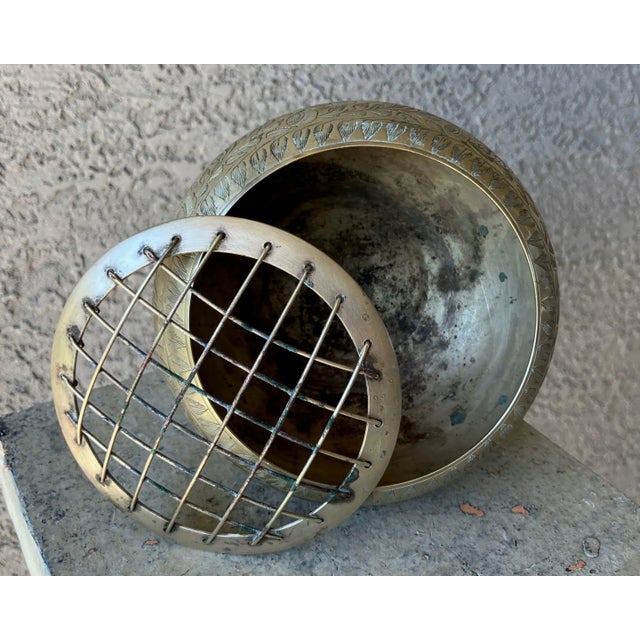 Metal Circa 1970 Engraved Floral & Foliate Ikebana-Style Brass Pedestal Base Flower Frog For Sale - Image 7 of 14