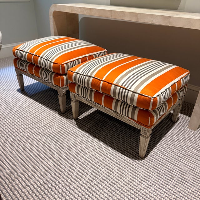 Wood Pair of Hickory Chair Orange and Gray Striped Ottomans For Sale - Image 7 of 10