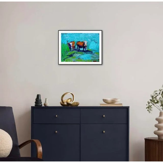 Turquoise Two Cows, Abstract Cow Oil Painting For Sale - Image 8 of 9