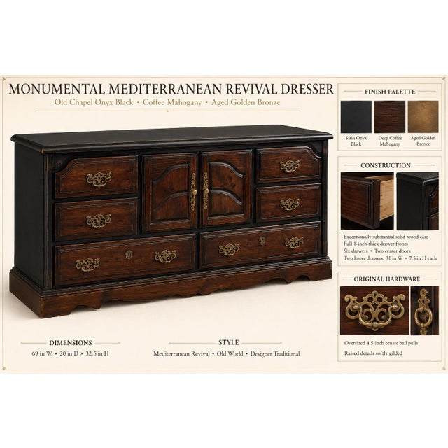 1960s Monumental Mediterranean Revival Solid Pine Dresser in Onyx Black & Coffee Mahogany For Sale In Los Angeles - Image 6 of 7