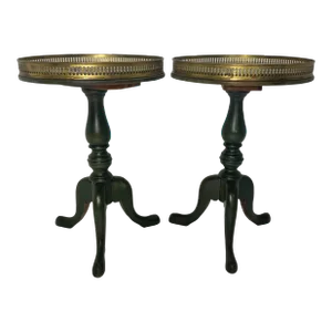 Pair 1940s Petite Mahogany Original Paint Green Brass Railing Plant Stands