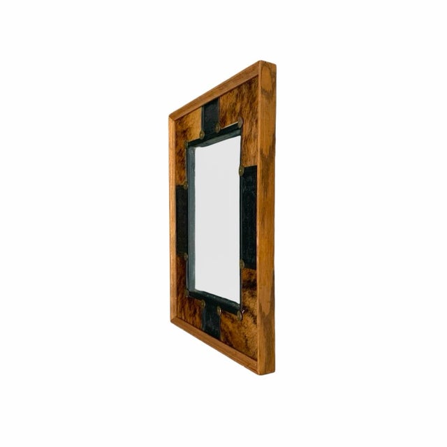 Rustic Late 20th Century Mirror in Cowhide Cover on Heavy Wood Frame Vintage Western Rustic Decor For Sale - Image 3 of 4