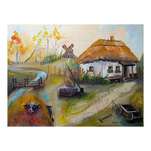 Tetiana Andriyovych Rustic Village Scene With Thatched Roof House, Windmill, Cow – Autumn Landscape Art For Sale