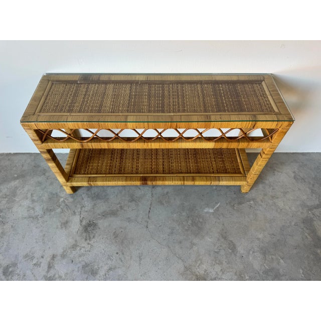 Vintage Coastal Rattan Two-Tier Console Table With Glass Top/Sold For Sale - Image 11 of 12