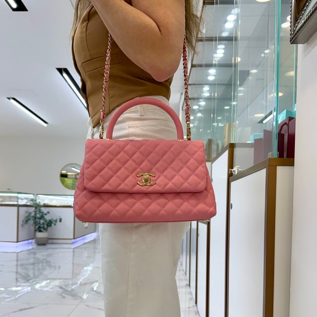 Chanel Coco Flap Pink Caviar Leather Gold Hardware Top Handle Bag For Sale - Image 14 of 14