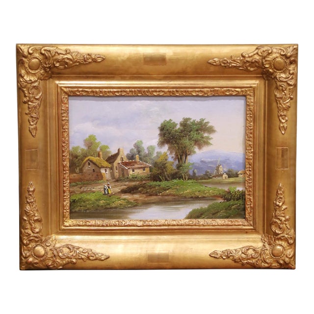 19th Century French Country Landscape Oil Painting in Carved Giltwood Frame For Sale