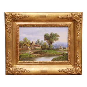 19th Century French Country Landscape Oil Painting in Carved Giltwood Frame