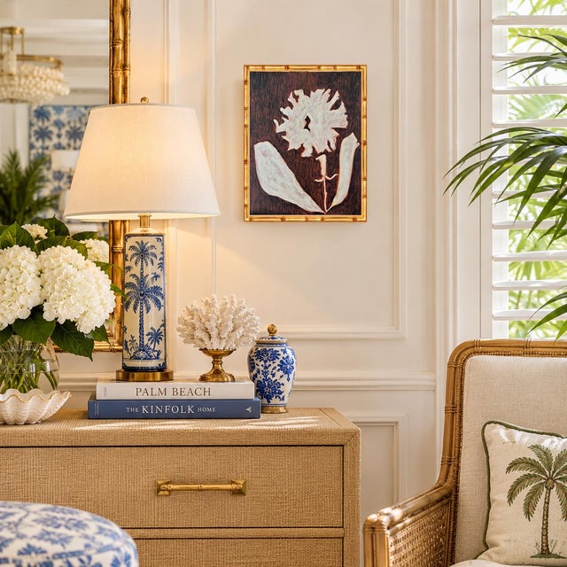 A strikingly dramatic original painting featuring a bold carnation rendered in luminous white and soft blush against a...