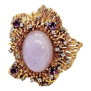 1990s Lavender Jade, Diamond and Amethyst Ring Stamped 18k Size 6.5 For Sale