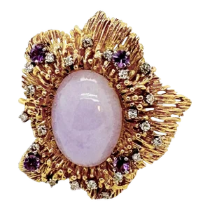 1990s Lavender Jade, Diamond and Amethyst Ring Stamped 18k Size 6.5