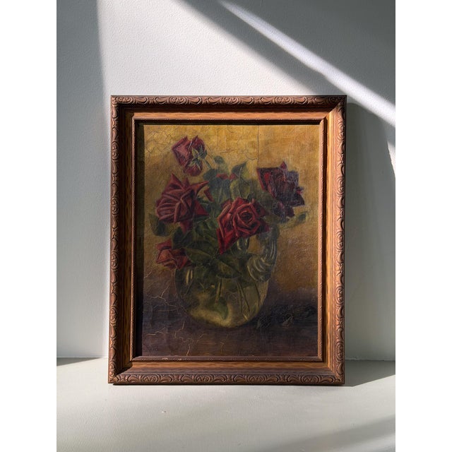 1920s Antique Red Roses Still Life Oil Painting on Canvas · Unsigned Framed Original Floral For Sale - Image 5 of 5