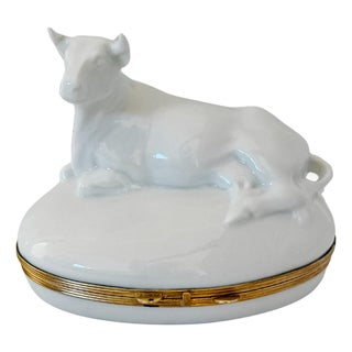 1980s French Blanc De Chine Porcelain Reclining Cow Limoges Box by Chamart For Sale