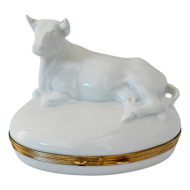 1980s French Blanc De Chine Porcelain Reclining Cow Limoges Box by Chamart For Sale