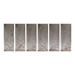 Chinoiserie Style Hand-Painted Metallic Wallpaper - Set of 6 For Sale