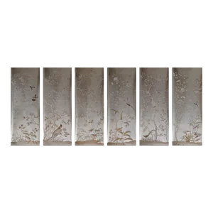 Chinoiserie Style Hand-Painted Metallic Wallpaper - Set of 6