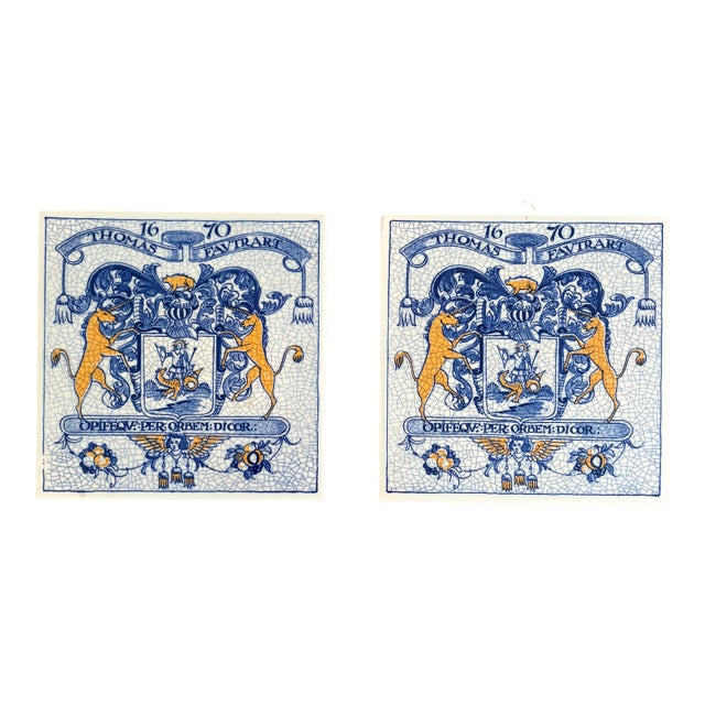 Dutch Delft Blue and White Porcelain Tiles With Heraldic Coat of Arms, Pair For Sale