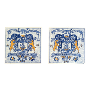 Dutch Delft Blue and White Porcelain Tiles With Heraldic Coat of Arms, Pair