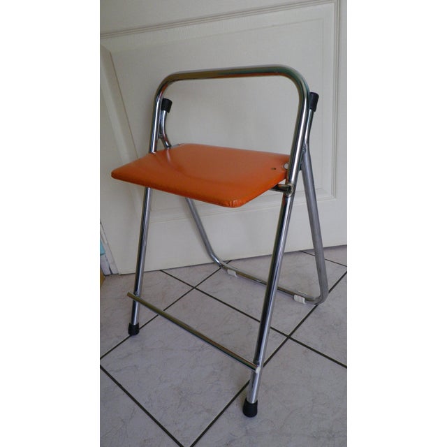 Folding Occasional Stool in Chromed Metal with Orange Imitation Leather Seat, France, 1970s For Sale - Image 12 of 12