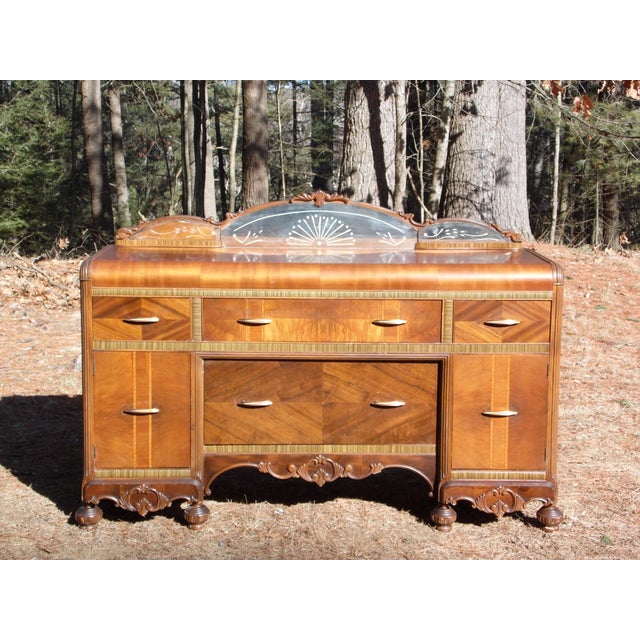 Vintage Walnut Art Deco Waterfall Buffet Server Sideboard Credenza