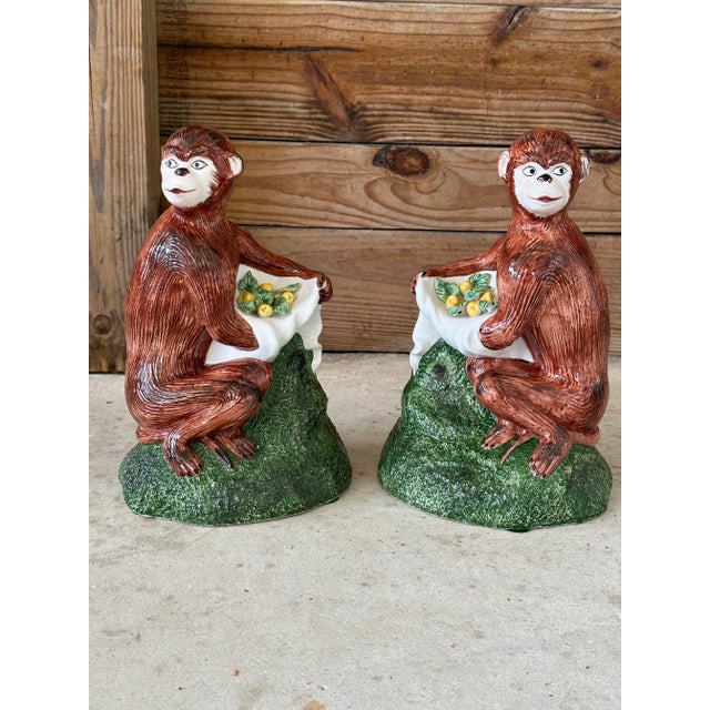 Pair of Vintage Italian Ceramic Monkey Figurines With Lemon Garlands For Sale - Image 9 of 11