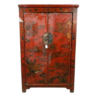 Early 19th Century Hand Painted Red Lacquer Cabinet For Sale