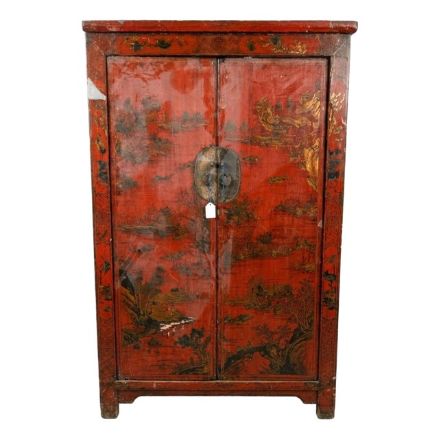 Early 19th Century Hand Painted Red Lacquer Cabinet For Sale