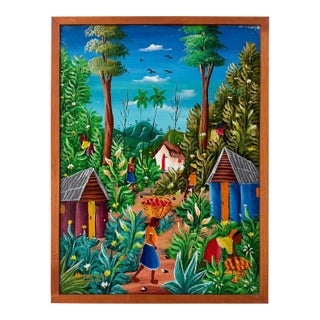 Vintage Haitian Folk Art Oil Painting by Michelet, Framed Village Scene on Board For Sale