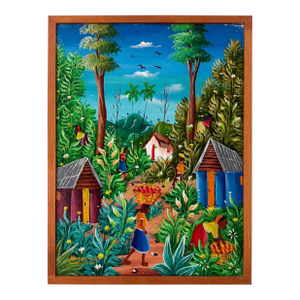 Vintage Haitian Folk Art Oil Painting by Michelet, Framed Village Scene on Board